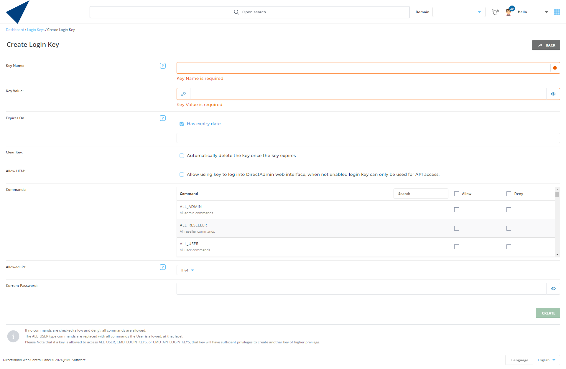 DirectAdmin Login Keys